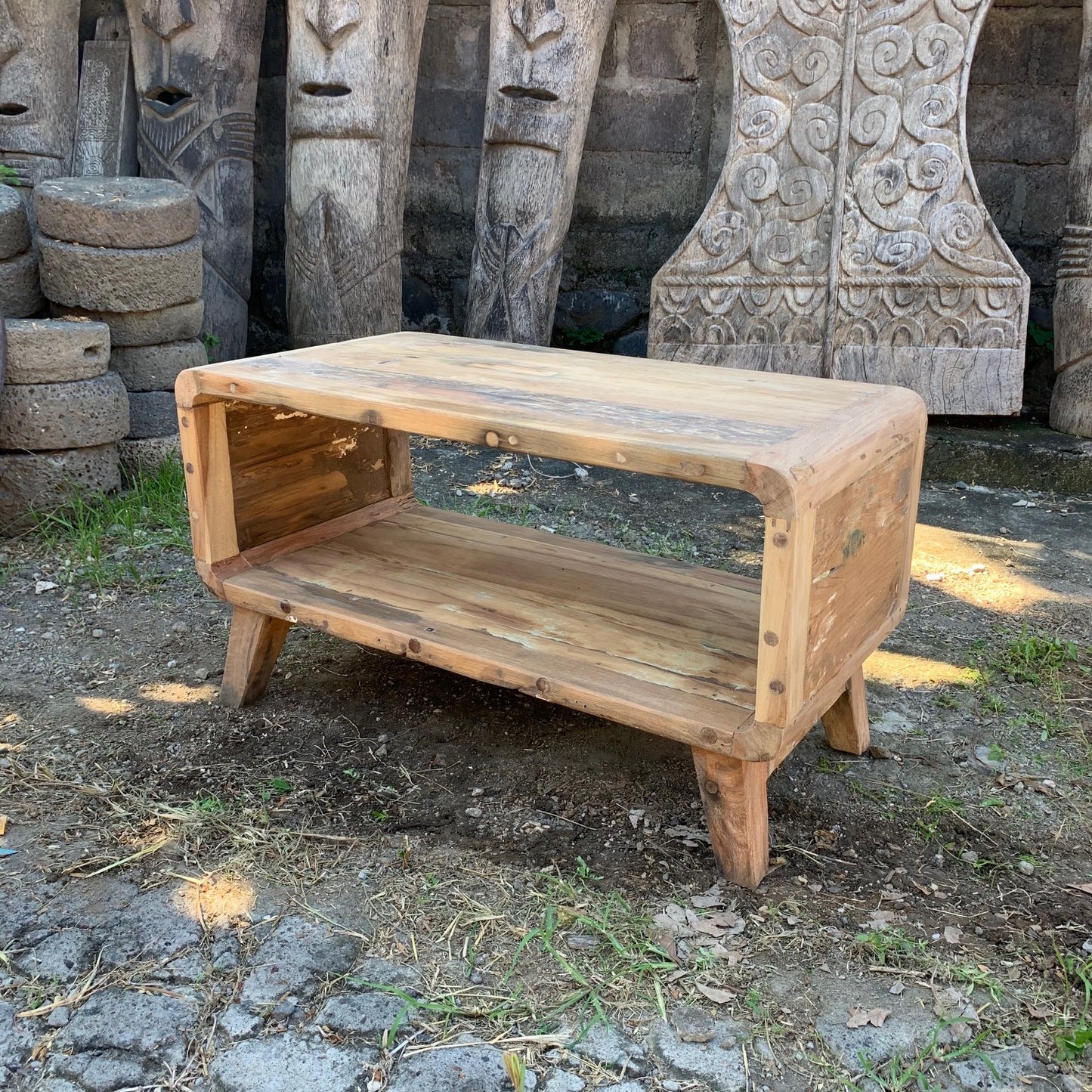 Handmade Upcycled Teak Wood Small Rounded Coffee Table