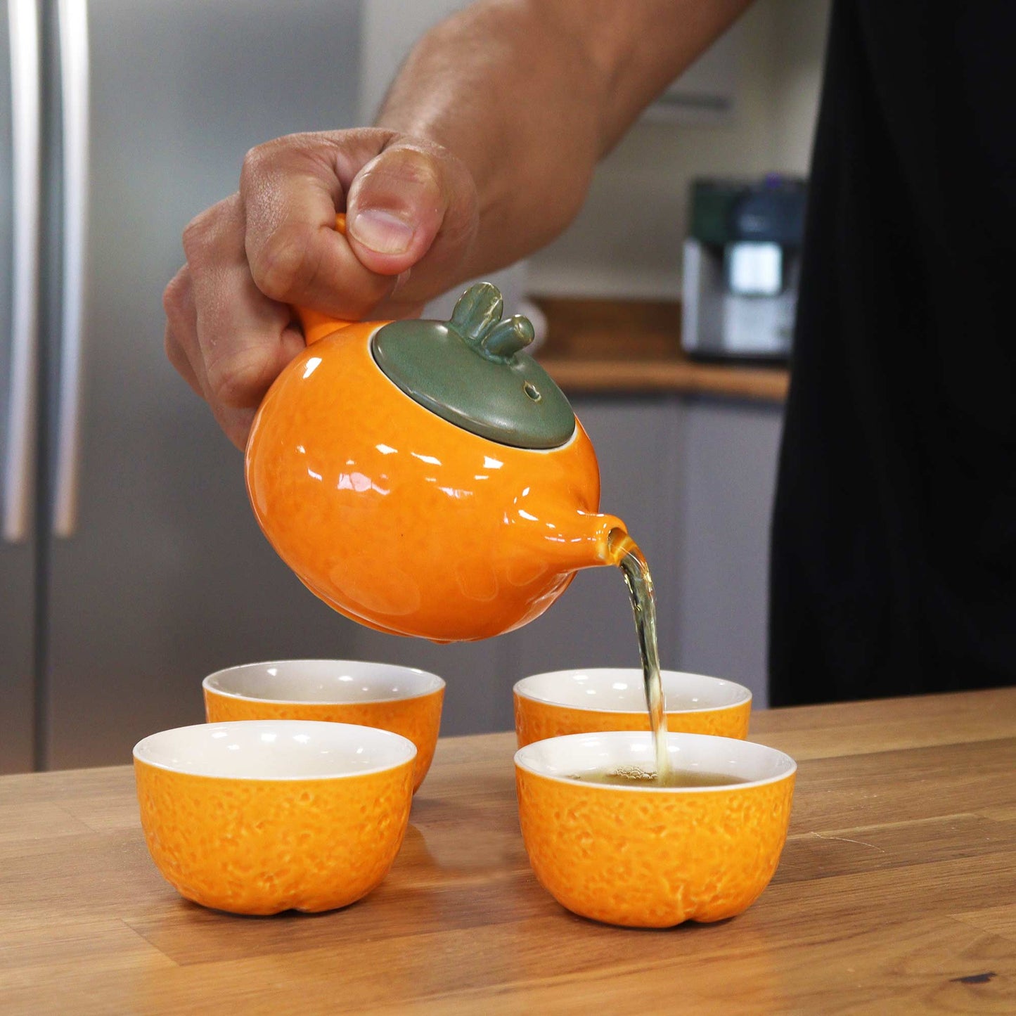 Orange Teapot Set with Four Matching Cups